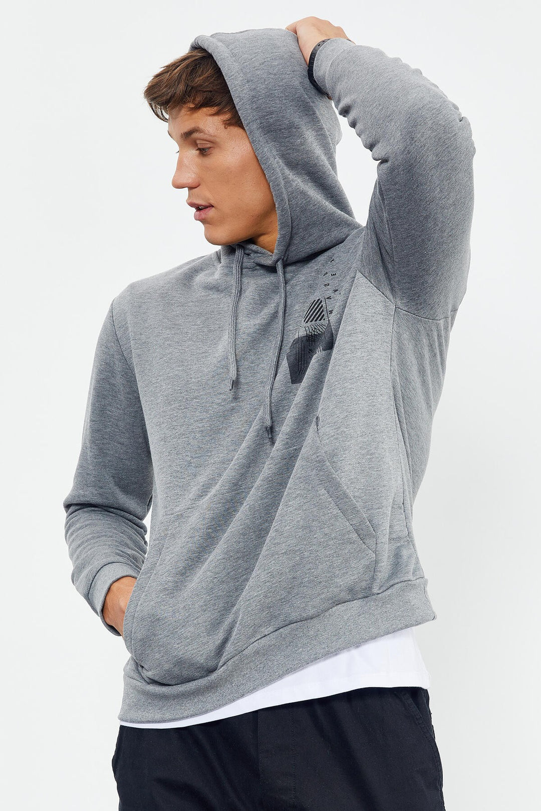 TMY Gray Melange Front and Back Printed Hooded Comfort Fit Men's Sweatshirt - 88017 - Greenfield