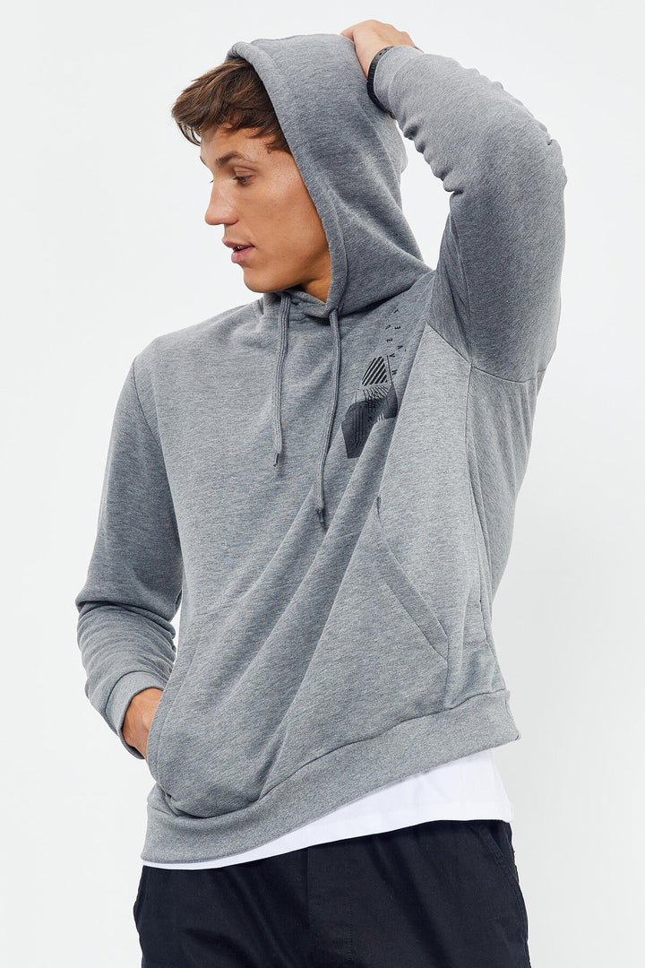 TMY Gray Melange Front and Back Printed Hooded Comfort Fit Men's Sweatshirt - 88017 - Greenfield