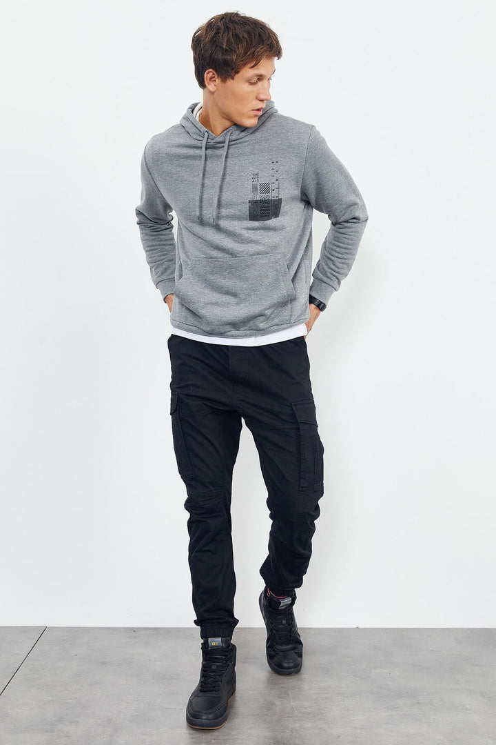 TMY Gray Melange Front and Back Printed Hooded Comfort Fit Men's Sweatshirt - 88017 - Greenfield