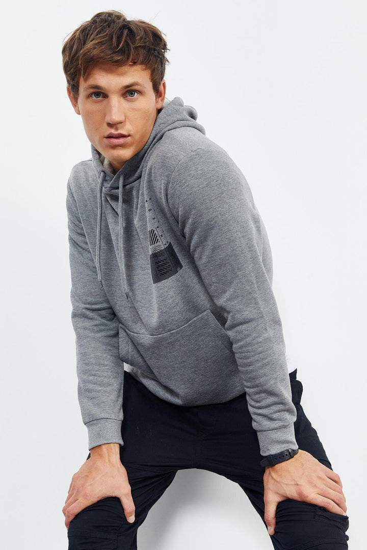 TMY Gray Melange Front and Back Printed Hooded Comfort Fit Men's Sweatshirt - 88017 - Greenfield