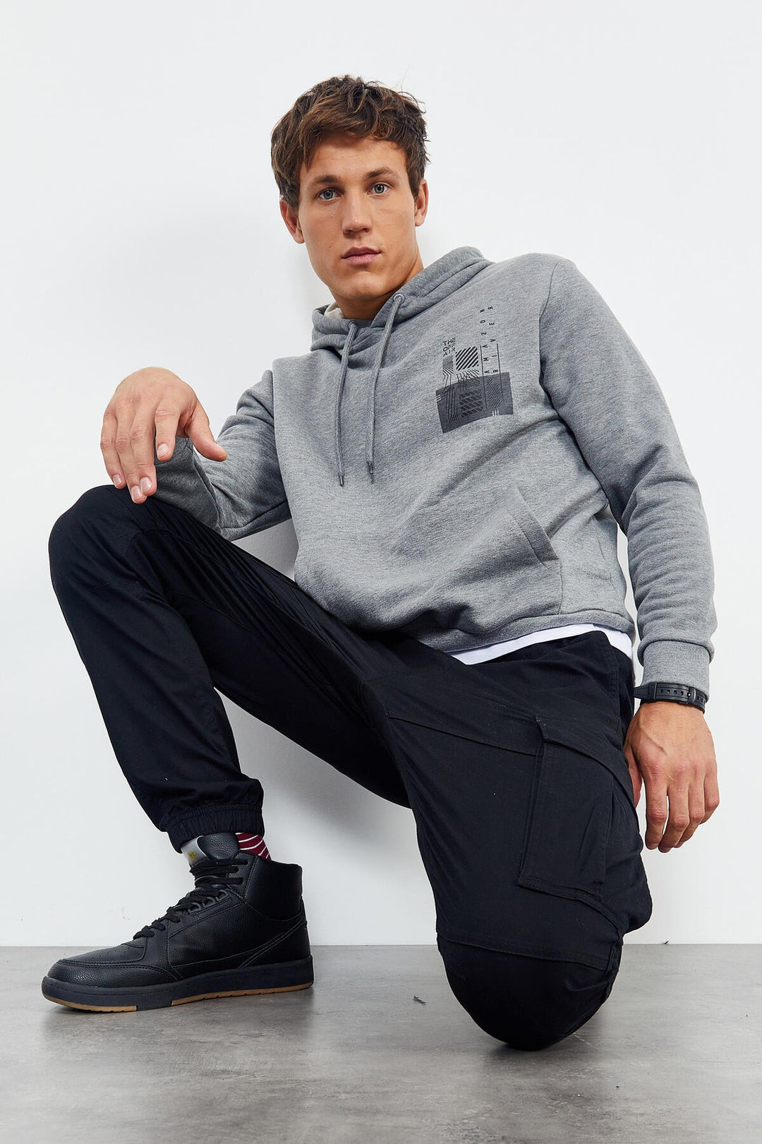 TMY Gray Melange Front and Back Printed Hooded Comfort Fit Men's Sweatshirt - 88017 - Greenfield