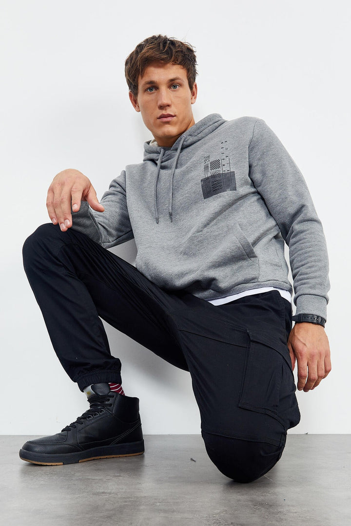 TMY Gray Melange Front and Back Printed Hooded Comfort Fit Men's Sweatshirt - 88017 - Greenfield