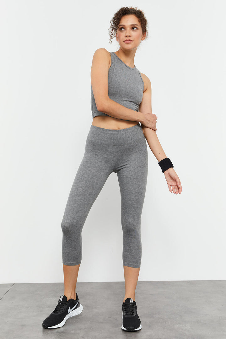 TMY Gray Melange Sleeveless Slim Fit Round Neck Women's Crop Top Tank Top - 97148 - Marijampolė