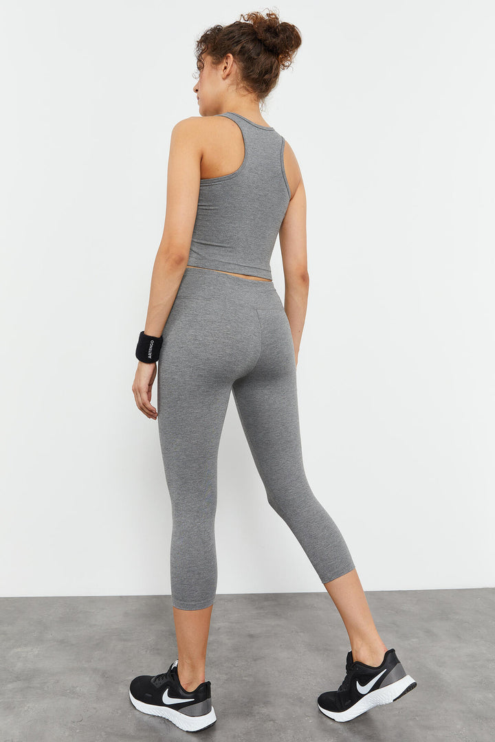 TMY Gray Melange Sleeveless Slim Fit Round Neck Women's Crop Top Tank Top - 97148 - Marijampolė