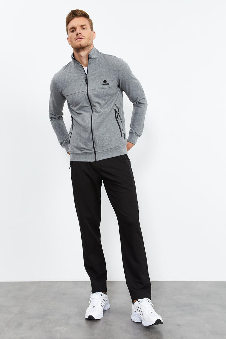 TMY Gray Melange - Black High Neck Zippered Standard Fit Classic Cuff Men's Tracksuit - 85152 - Basel