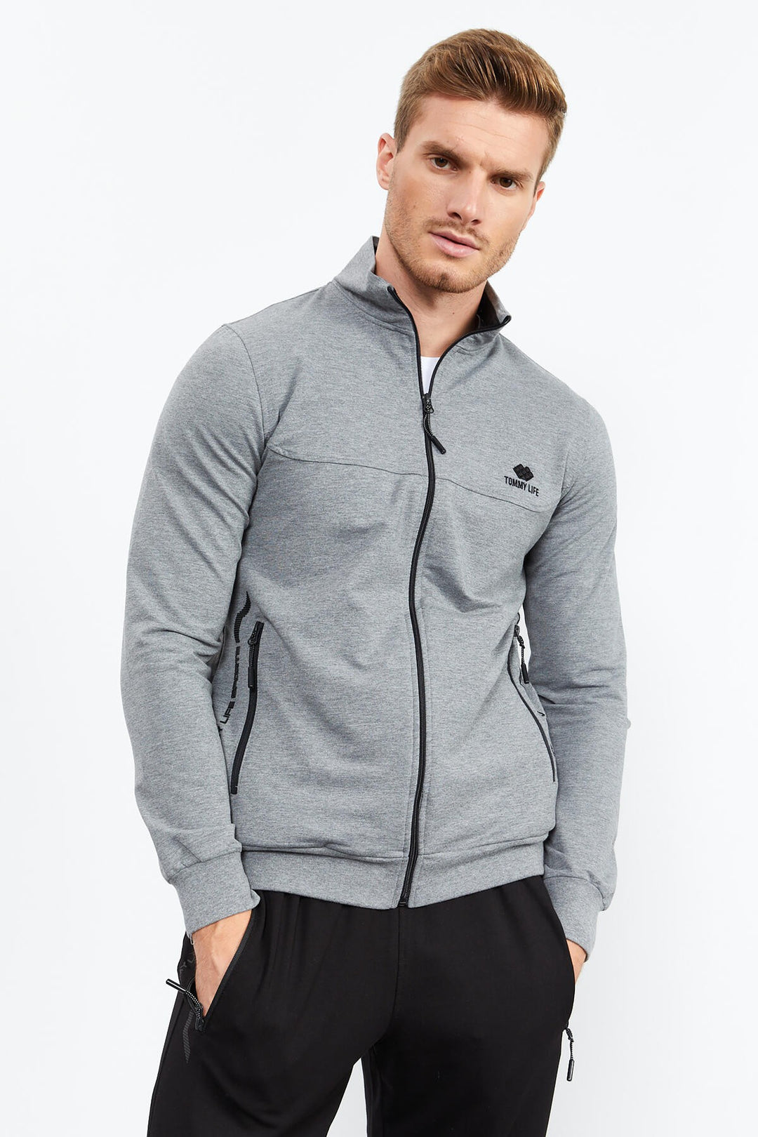 TMY Gray Melange - Black High Neck Zippered Standard Fit Classic Cuff Men's Tracksuit - 85152 - Basel