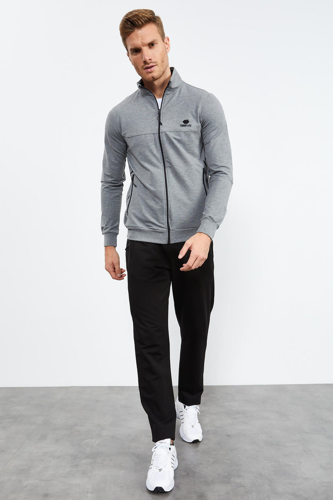 TMY Gray Melange - Black High Neck Zippered Standard Fit Classic Cuff Men's Tracksuit - 85152 - Basel