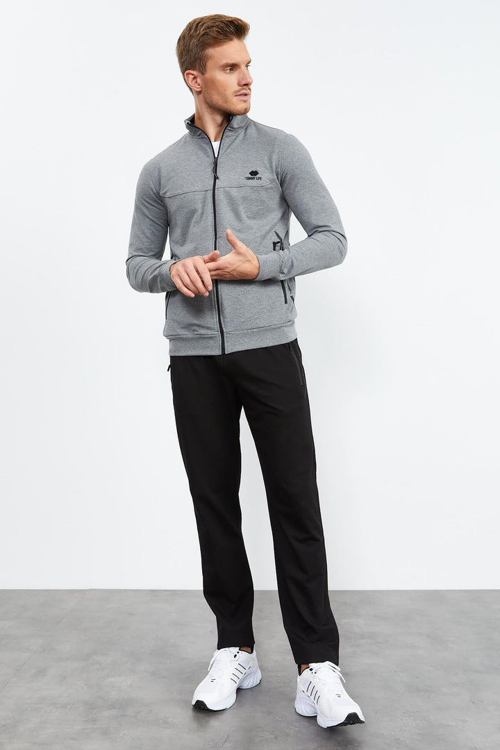 TMY Gray Melange - Black High Neck Zippered Standard Fit Classic Cuff Men's Tracksuit - 85152 - Basel