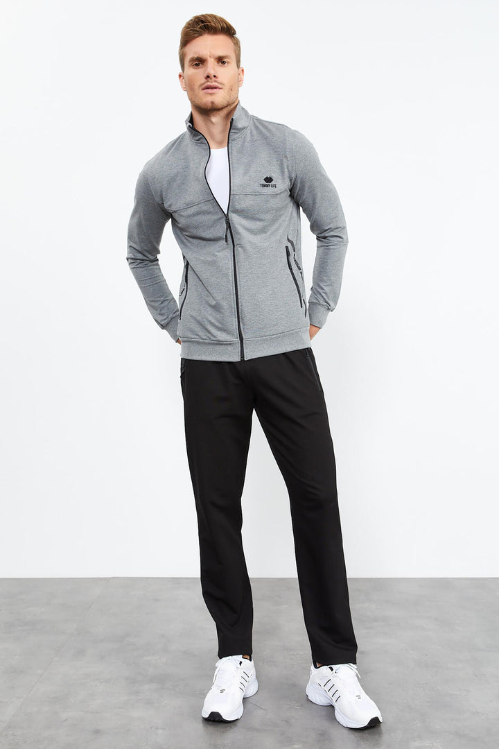 TMY Gray Melange - Black High Neck Zippered Standard Fit Classic Cuff Men's Tracksuit - 85152 - Basel