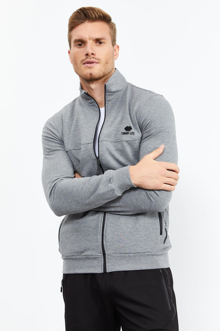 TMY Gray Melange - Black High Neck Zippered Standard Fit Classic Cuff Men's Tracksuit - 85152 - Basel