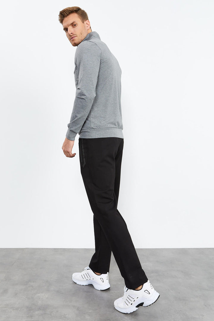 TMY Gray Melange - Black High Neck Zippered Standard Fit Classic Cuff Men's Tracksuit - 85152 - Basel