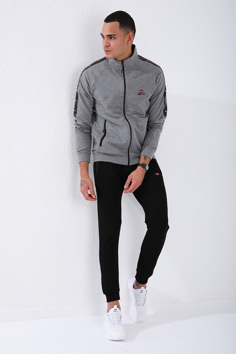 TMY Gray Melange - Black Crew Neck Striped Printed Standard Fit Cuffed Men's Tracksuit - 85150 - Carmel