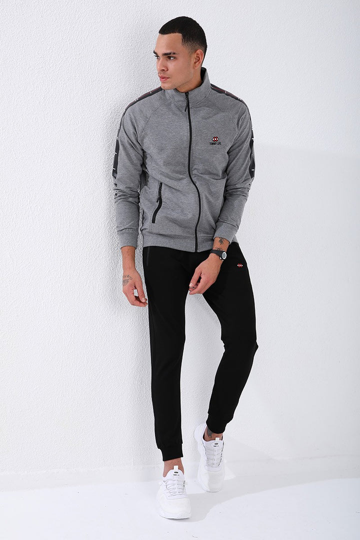TMY Gray Melange - Black Crew Neck Striped Printed Standard Fit Cuffed Men's Tracksuit - 85150 - Carmel