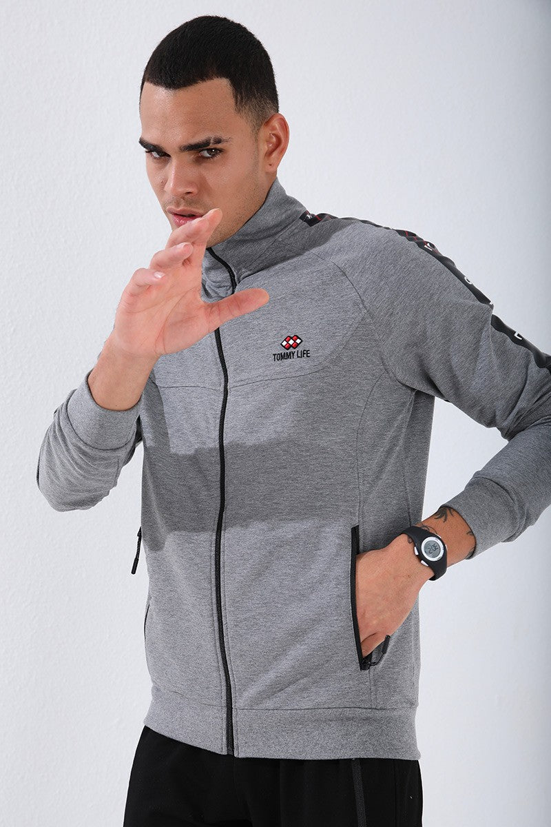TMY Gray Melange - Black Crew Neck Striped Printed Standard Fit Cuffed Men's Tracksuit - 85150 - Carmel