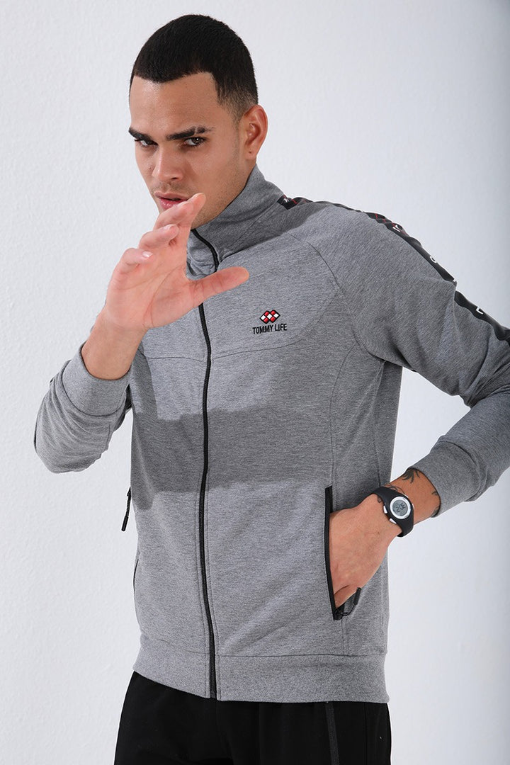 TMY Gray Melange - Black Crew Neck Striped Printed Standard Fit Cuffed Men's Tracksuit - 85150 - Carmel