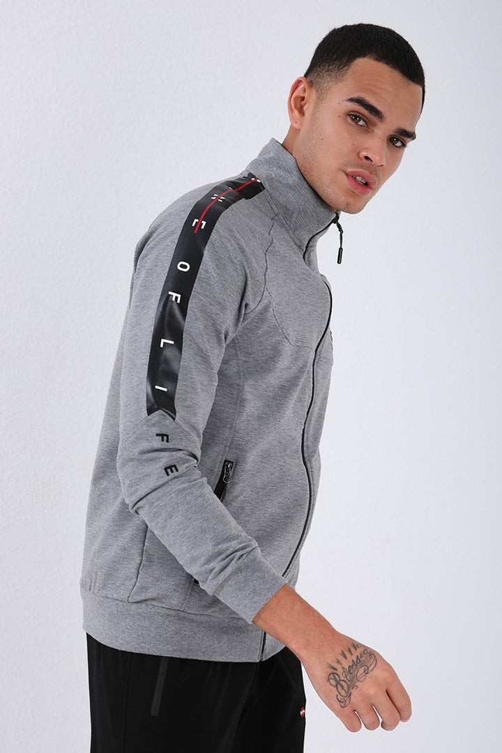 TMY Gray Melange - Black Crew Neck Striped Printed Standard Fit Cuffed Men's Tracksuit - 85150 - Carmel