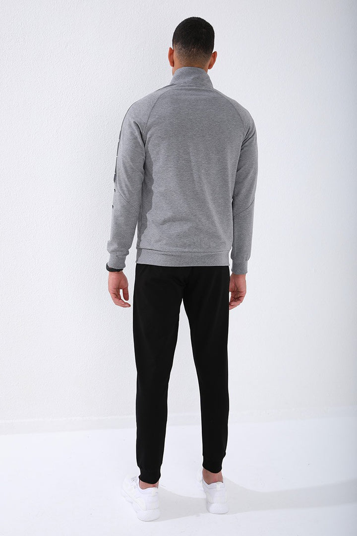 TMY Gray Melange - Black Crew Neck Striped Printed Standard Fit Cuffed Men's Tracksuit - 85150 - Carmel