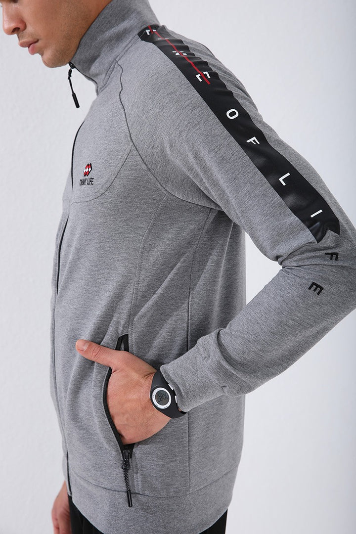 TMY Gray Melange - Black Crew Neck Striped Printed Standard Fit Cuffed Men's Tracksuit - 85150 - Carmel