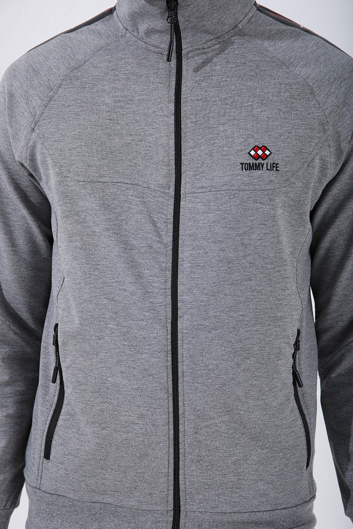 TMY Gray Melange - Black Crew Neck Striped Printed Standard Fit Cuffed Men's Tracksuit - 85150 - Carmel