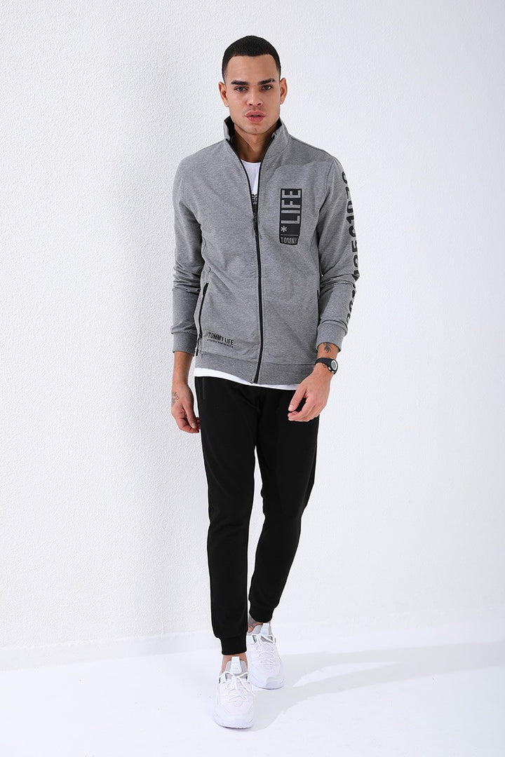 TMY Gray Melange - Black High Neck Printed Standard Mold Cuffed Men's Tracksuit - 85149 - Niagara Falls
