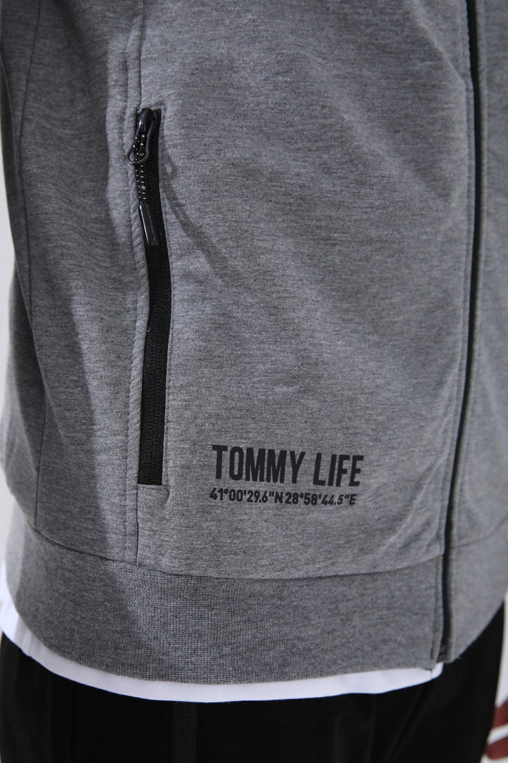 TMY Gray Melange - Black High Neck Printed Standard Mold Cuffed Men's Tracksuit - 85149 - Niagara Falls