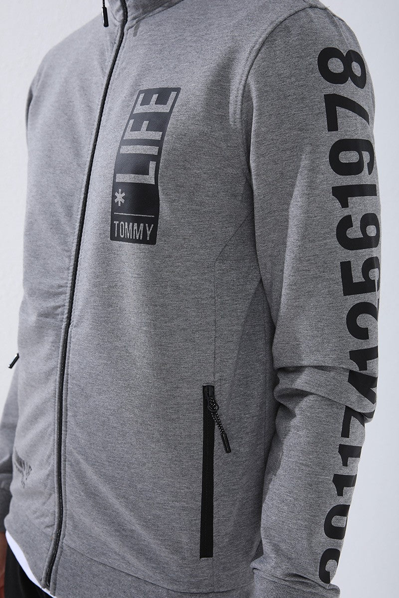 TMY Gray Melange - Black High Neck Printed Standard Mold Cuffed Men's Tracksuit - 85149 - Niagara Falls