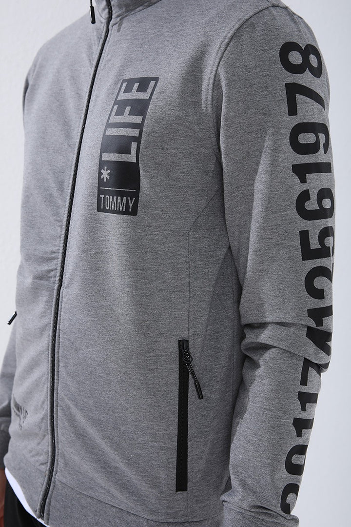 TMY Gray Melange - Black High Neck Printed Standard Mold Cuffed Men's Tracksuit - 85149 - Niagara Falls