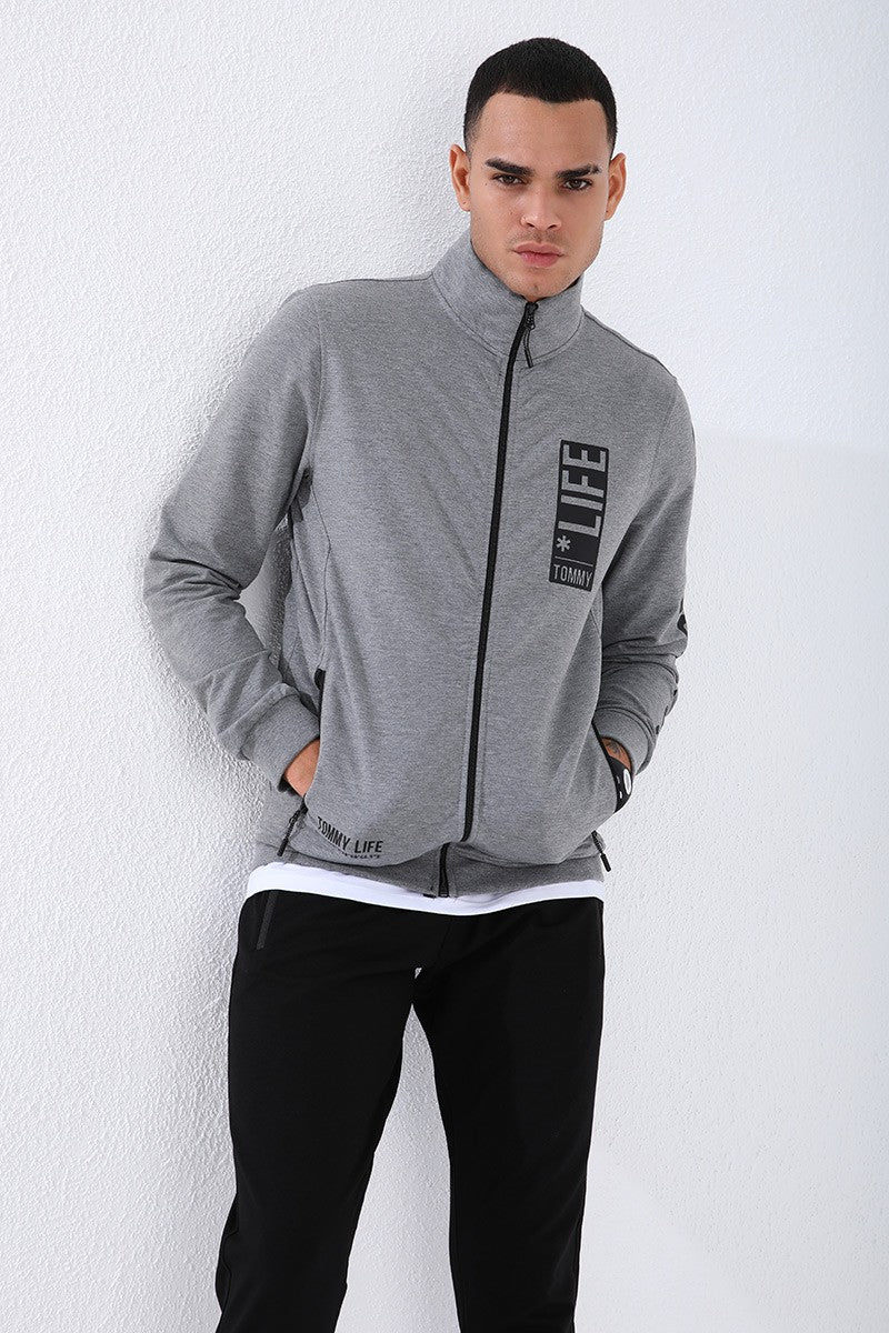 TMY Gray Melange - Black High Neck Printed Standard Mold Cuffed Men's Tracksuit - 85149 - Niagara Falls