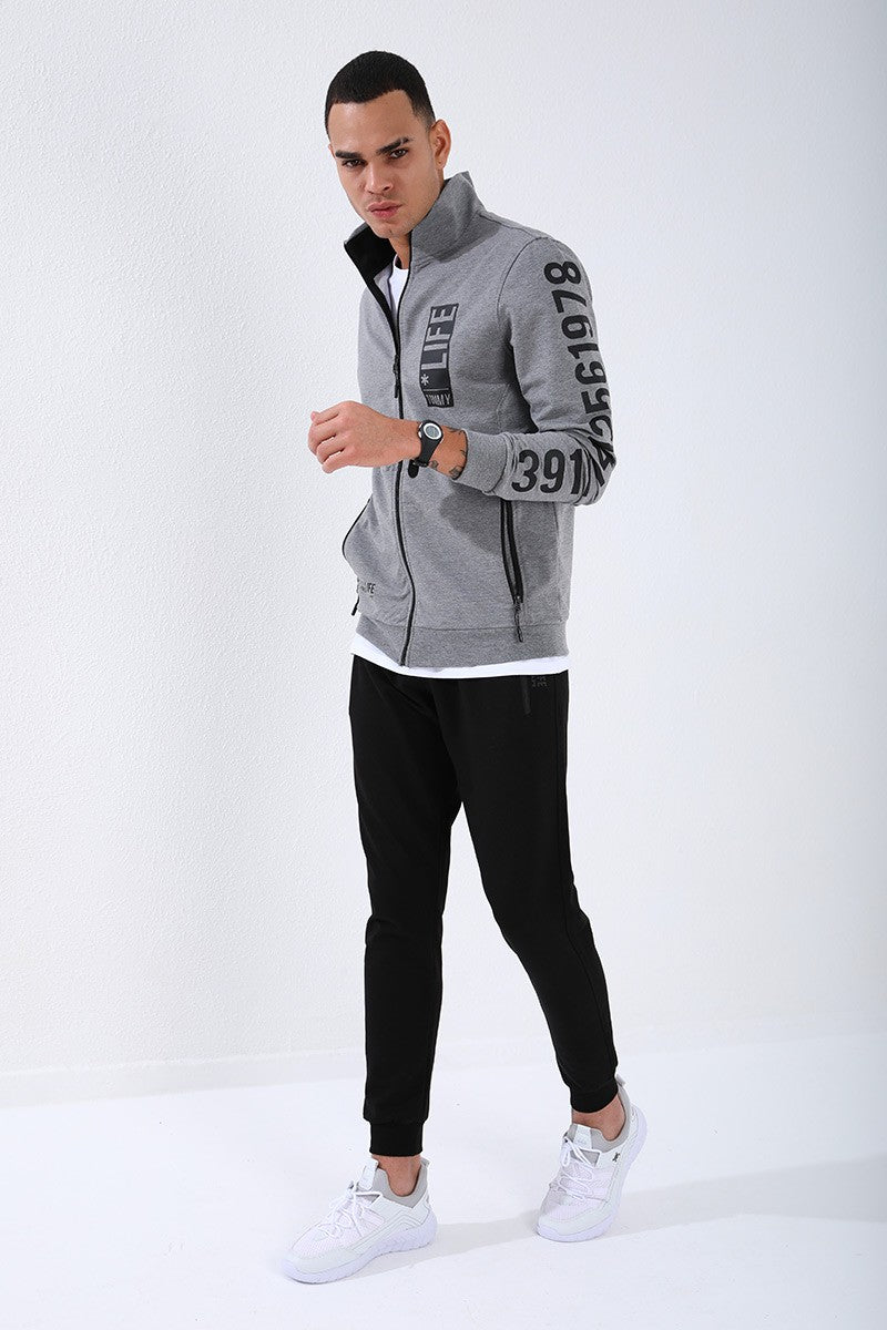 TMY Gray Melange - Black High Neck Printed Standard Mold Cuffed Men's Tracksuit - 85149 - Niagara Falls