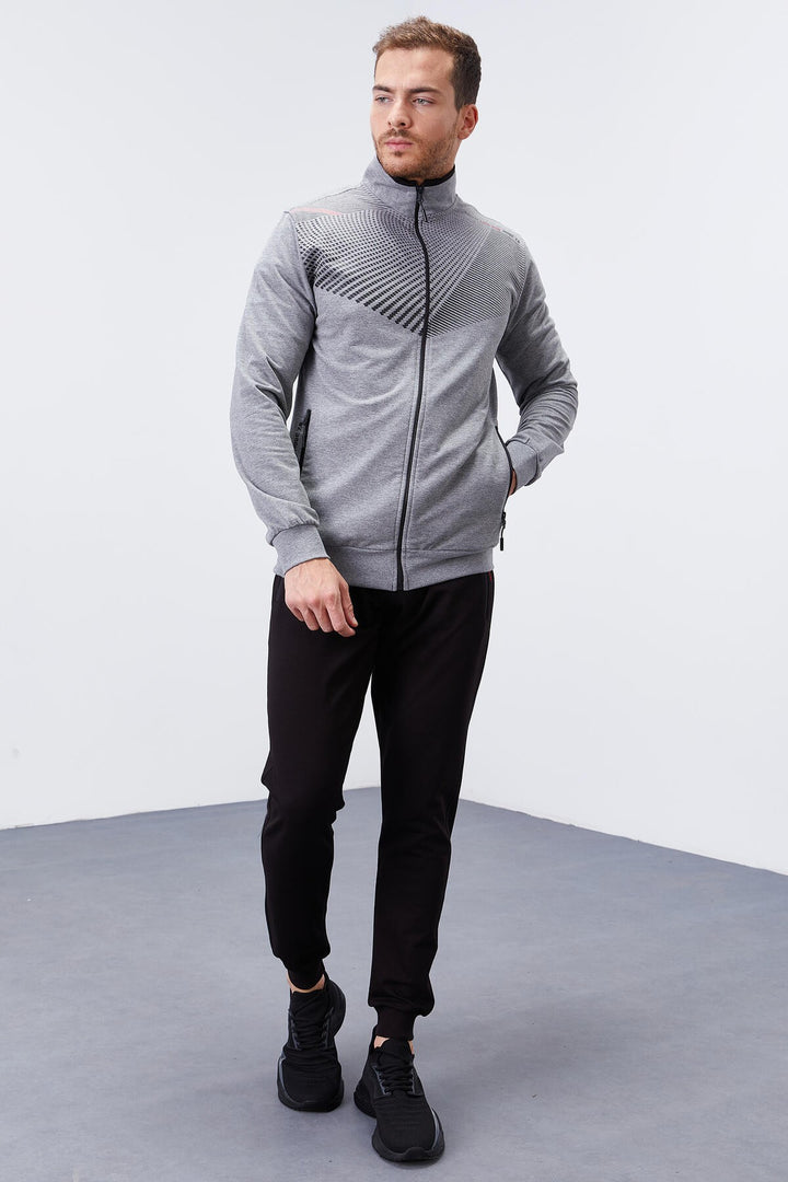 TMY Gray Melange - Black Pattern Printed Standard Mold Cuffed Men's Tracksuit - 85151 - Orihuela