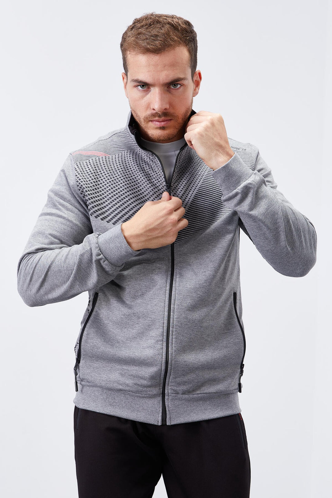 TMY Gray Melange - Black Pattern Printed Standard Mold Cuffed Men's Tracksuit - 85151 - Orihuela