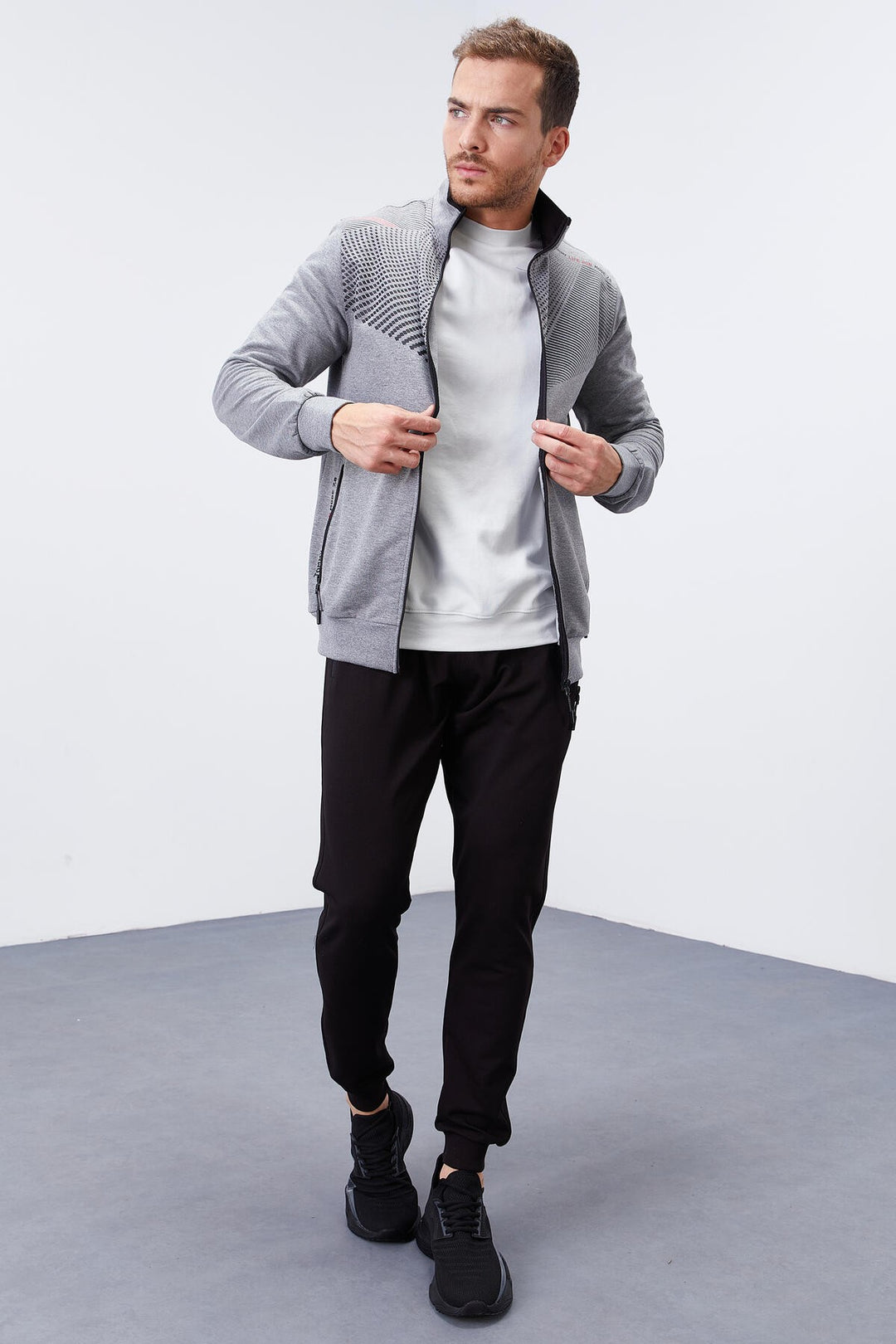 TMY Gray Melange - Black Pattern Printed Standard Mold Cuffed Men's Tracksuit - 85151 - Orihuela