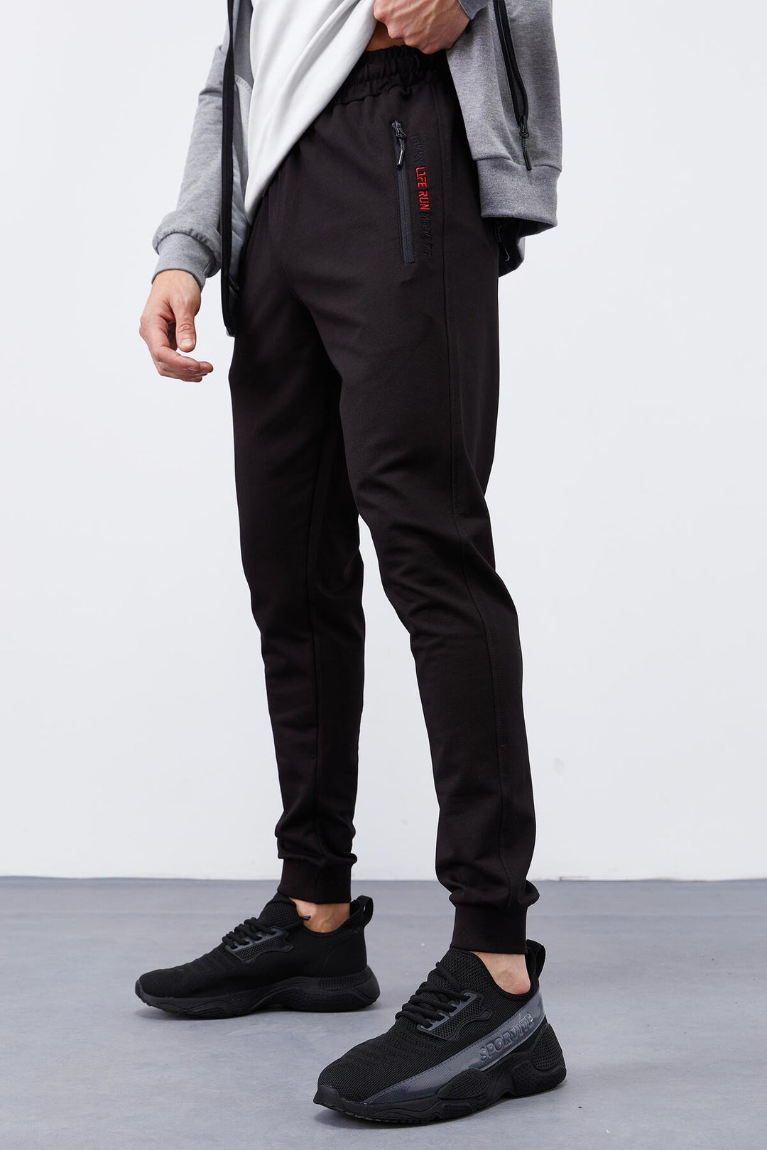 TMY Gray Melange - Black Pattern Printed Standard Mold Cuffed Men's Tracksuit - 85151 - Orihuela
