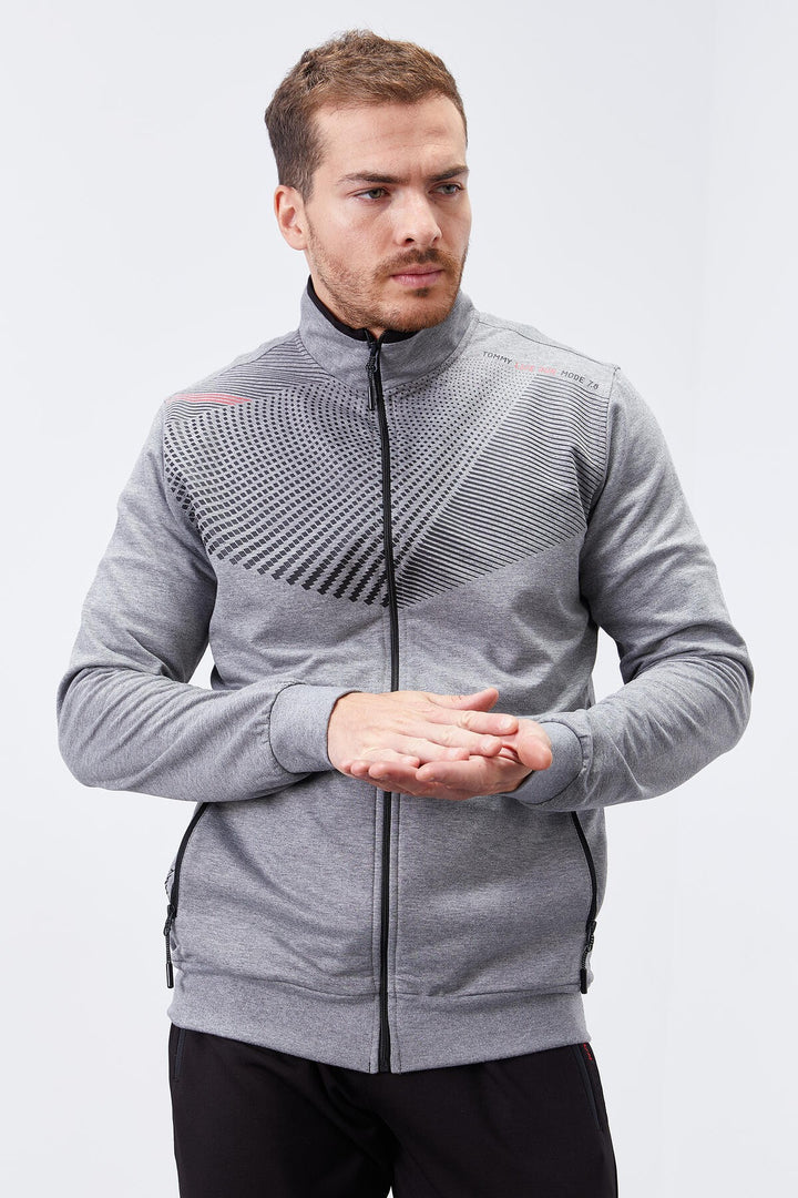 TMY Gray Melange - Black Pattern Printed Standard Mold Cuffed Men's Tracksuit - 85151 - Orihuela