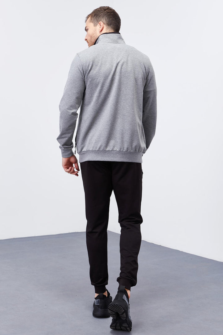 TMY Gray Melange - Black Pattern Printed Standard Mold Cuffed Men's Tracksuit - 85151 - Orihuela