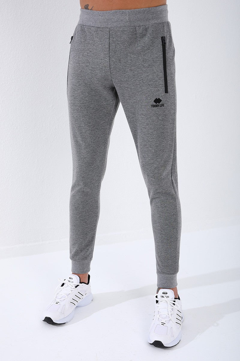 TMY Gray Melange Reverse Zippered Standard Fit Cuffed Men's Sweatpants - 84702 - Ixhuatlán de Madero