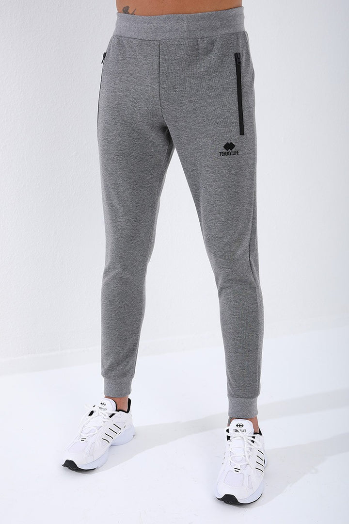 TMY Gray Melange Reverse Zippered Standard Fit Cuffed Men's Sweatpants - 84702 - Ixhuatlán de Madero