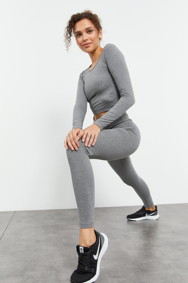 TMY Gray Melange Long Sleeve Slim Fit O Neck Women's Crop Top T-Shirt - 97150 - Bloomington