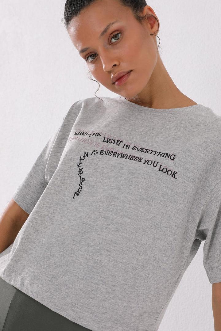 TMY Gray Melange Printed Short O Neck Women's Oversize T-Shirt - 97135 - Marratxi