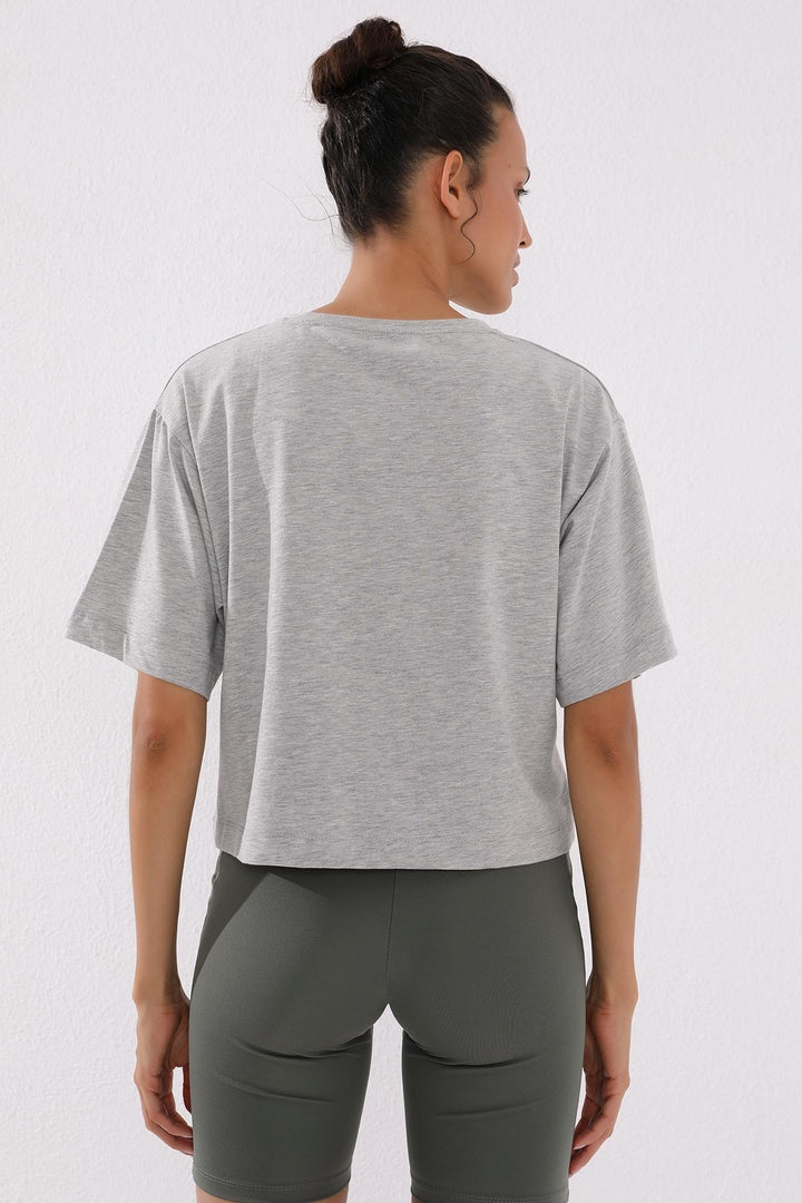 TMY Gray Melange Printed Short O Neck Women's Oversize T-Shirt - 97135 - Marratxi