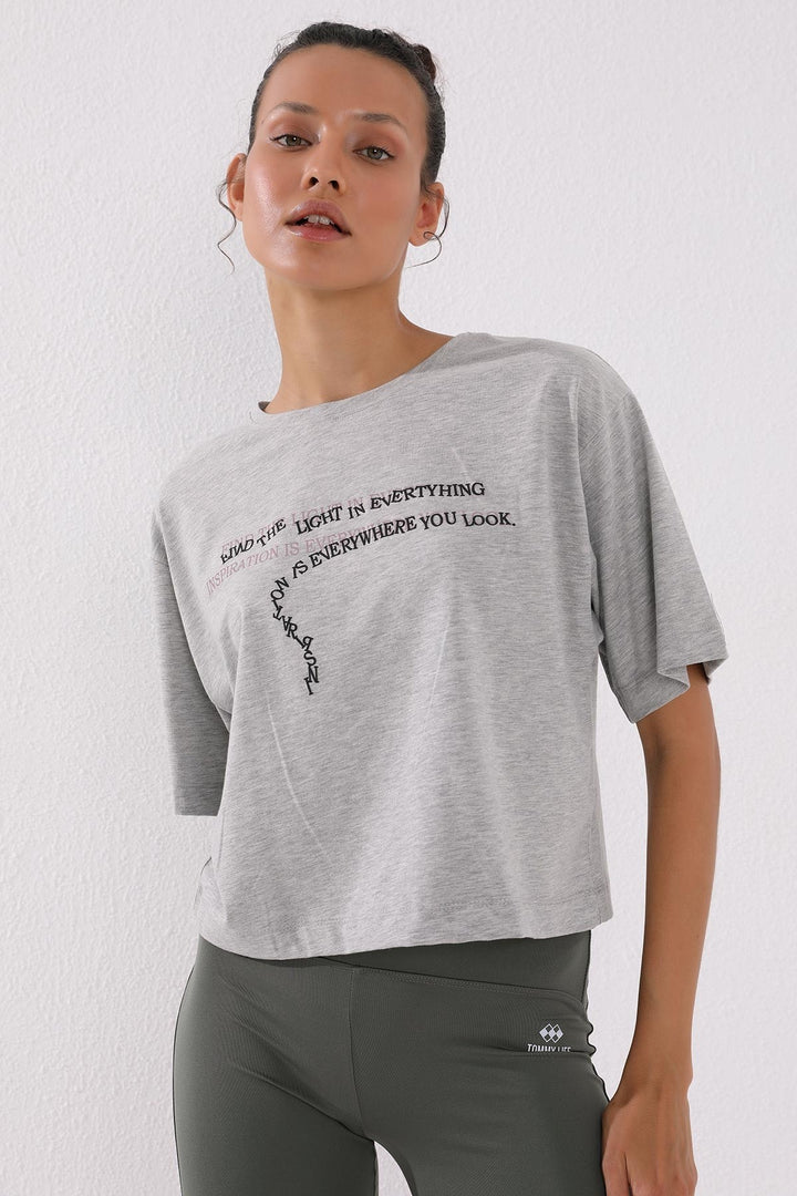 TMY Gray Melange Printed Short O Neck Women's Oversize T-Shirt - 97135 - Marratxi