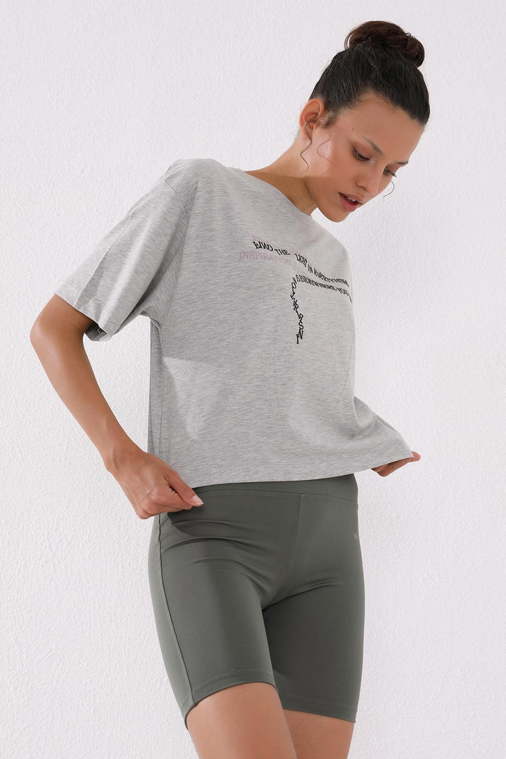 TMY Gray Melange Printed Short O Neck Women's Oversize T-Shirt - 97135 - Marratxi