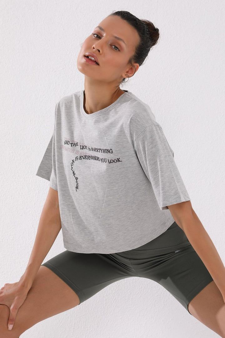 TMY Gray Melange Printed Short O Neck Women's Oversize T-Shirt - 97135 - Marratxi