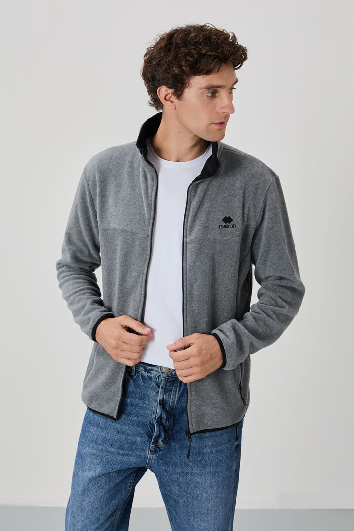 TMY Gray Melange Men's Sweatshirt Polar with Embroidered Text, Zippered Stand-up Collar, Standard Fit - 87992 - Barendrecht