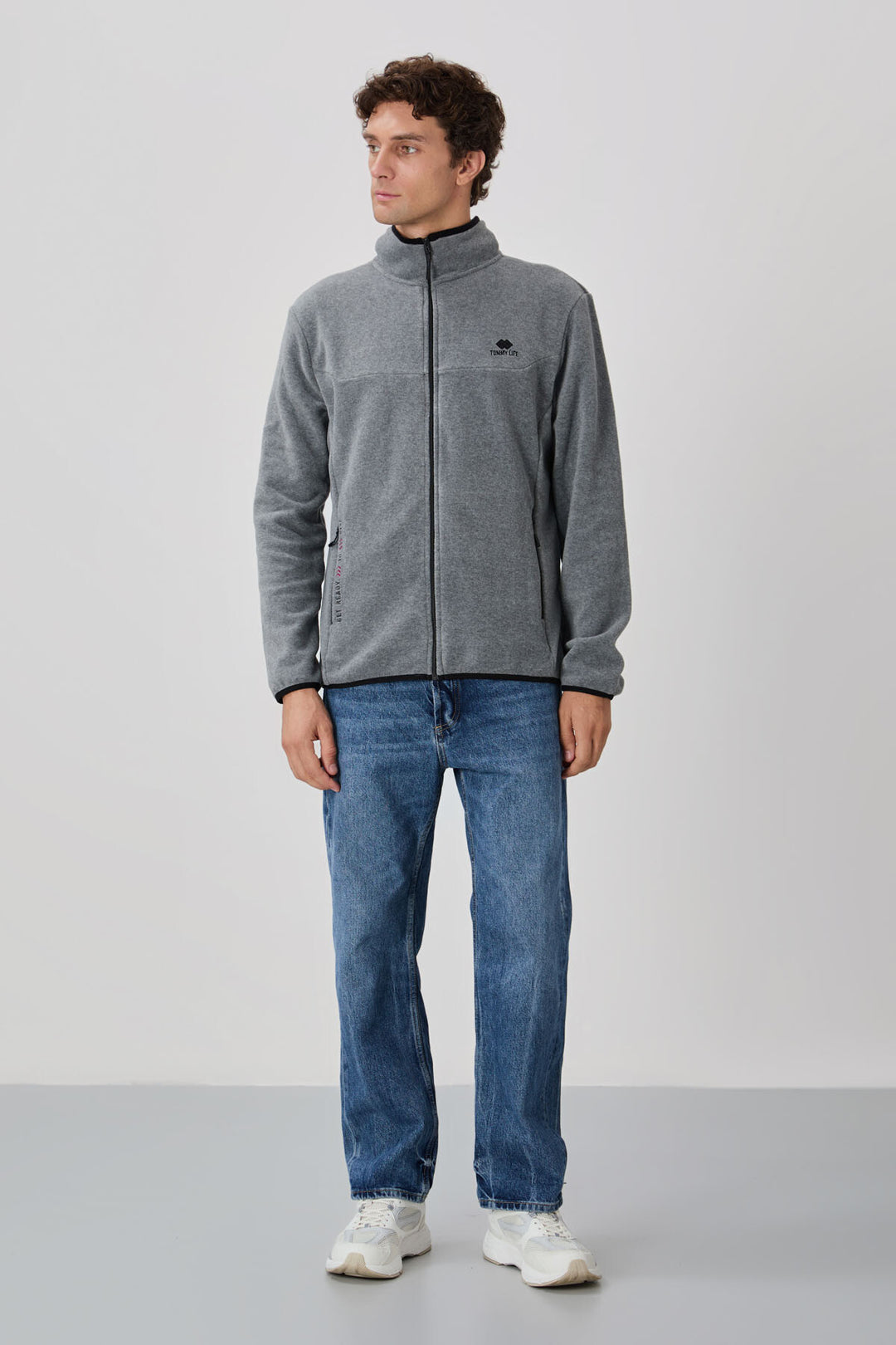 TMY Gray Melange Men's Sweatshirt Polar with Embroidered Text, Zippered Stand-up Collar, Standard Fit - 87992 - Barendrecht