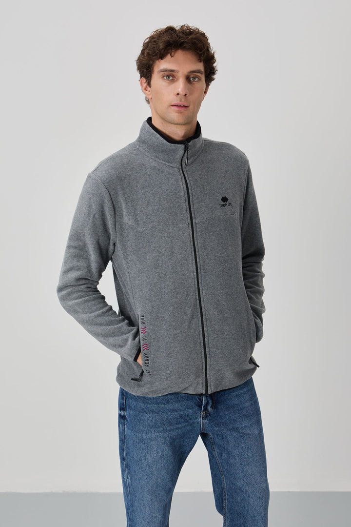TMY Gray Melange Men's Sweatshirt Polar with Embroidered Text, Zippered Stand-up Collar, Standard Fit - 87992 - Barendrecht