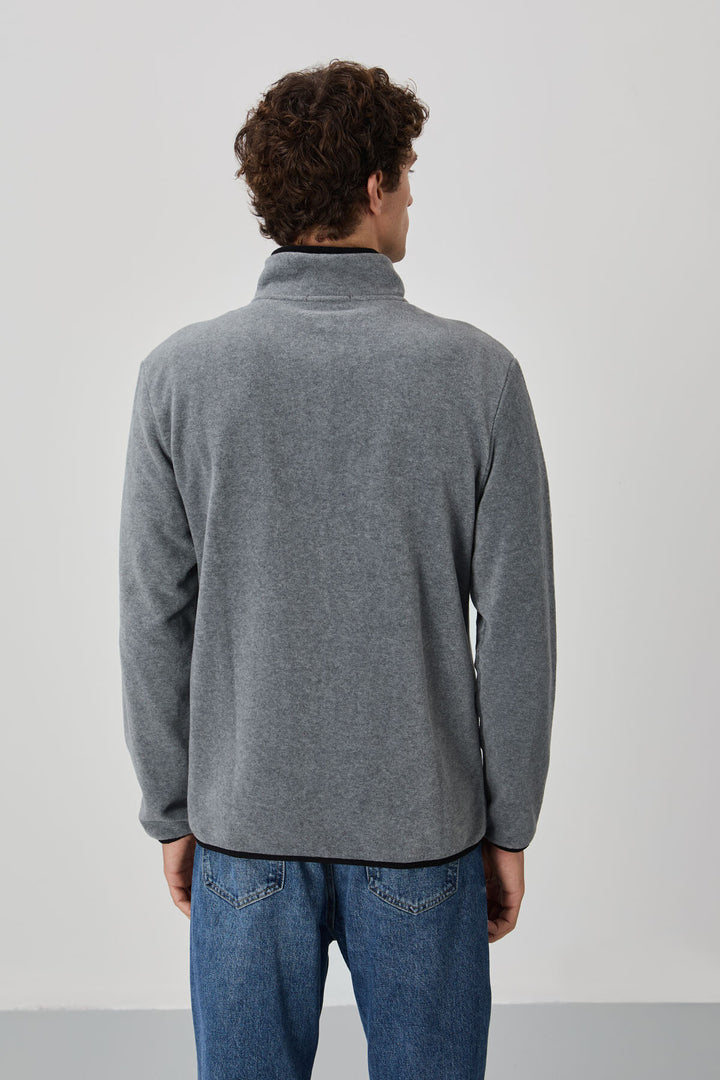 TMY Gray Melange Men's Sweatshirt Polar with Embroidered Text, Zippered Stand-up Collar, Standard Fit - 87992 - Barendrecht