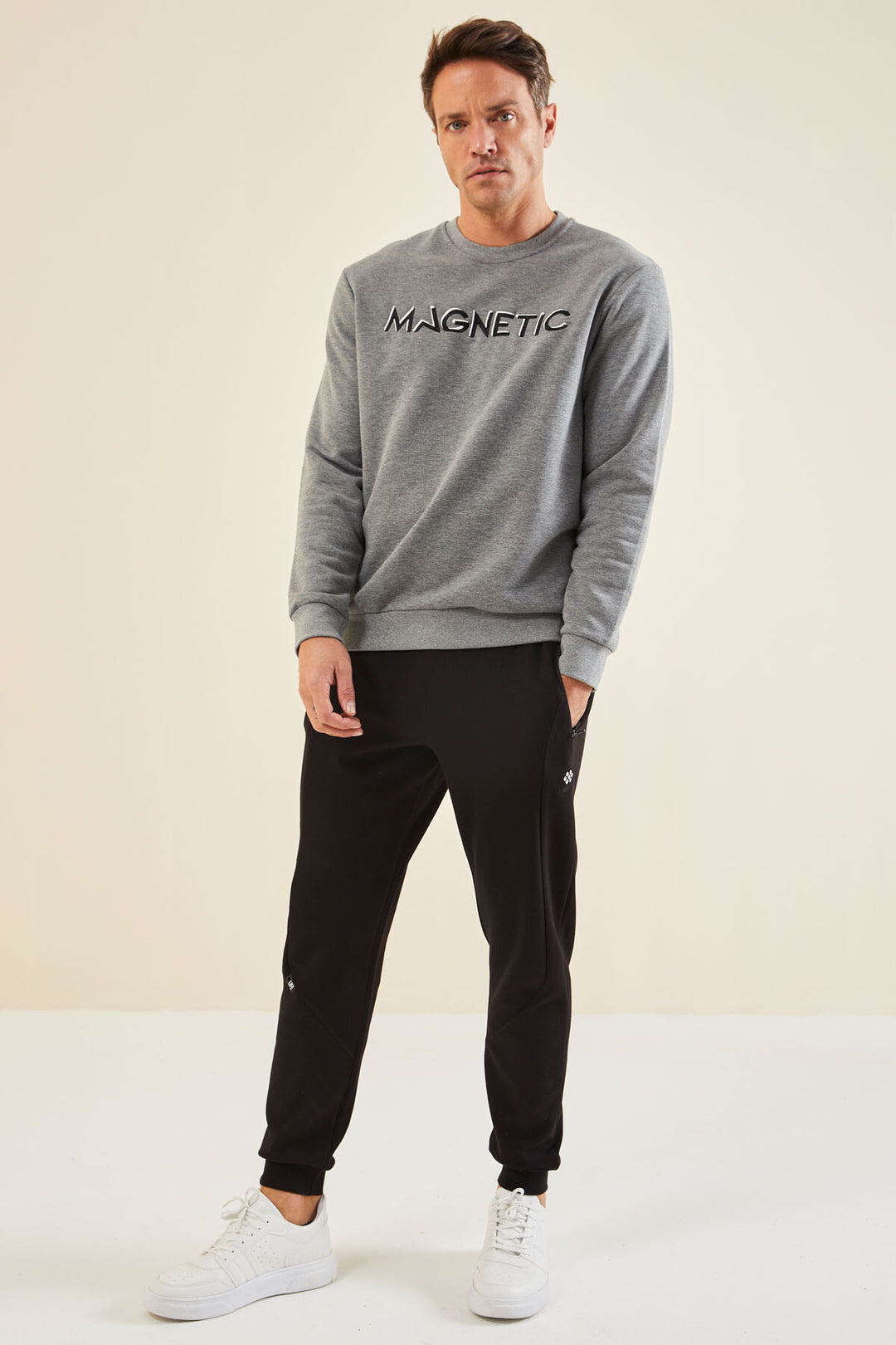 TMY Gray Melange Crew Neck Comfort Fit Men's Sweatshirt with Embroidered Text - 88020 - Schwabach