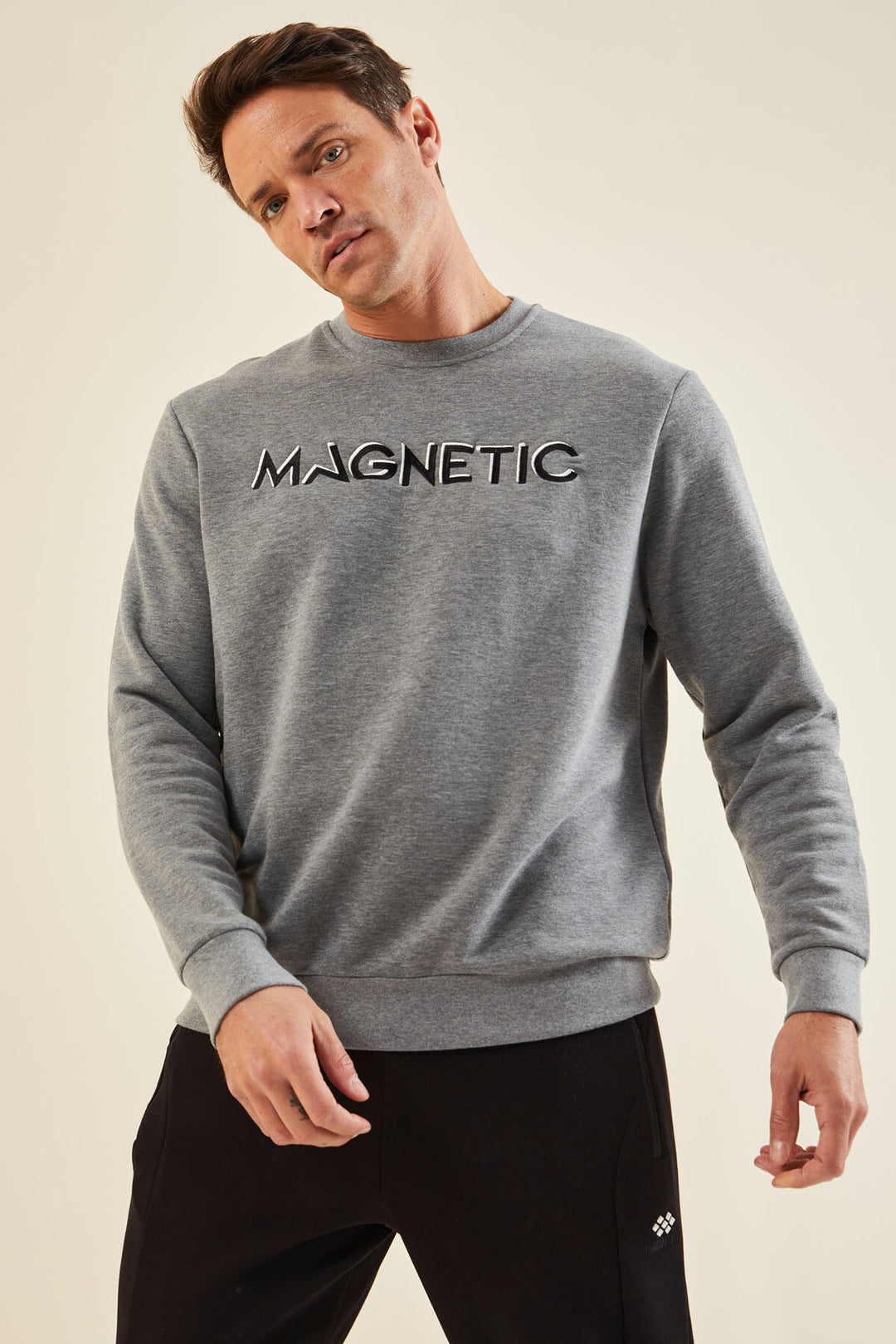 TMY Gray Melange Crew Neck Comfort Fit Men's Sweatshirt with Embroidered Text - 88020 - Schwabach