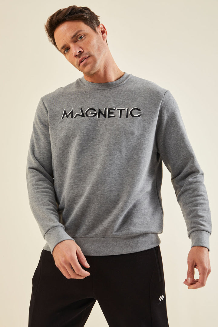 TMY Gray Melange Crew Neck Comfort Fit Men's Sweatshirt with Embroidered Text - 88020 - Schwabach